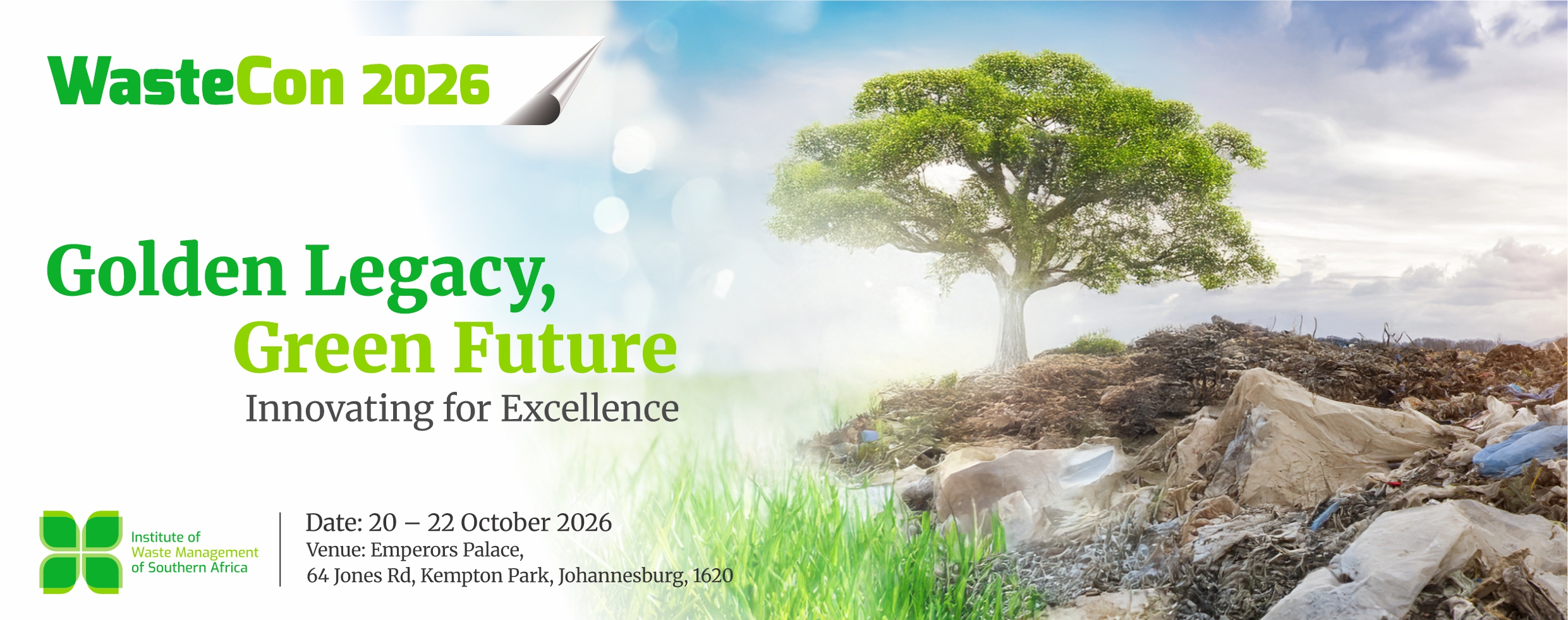 WasteCon 2026 banner with the theme 'Golden Legacy, Green Future' and 'Innovating for Excellence' by the Institute of Waste Management of Southern Africa (IWMSA).